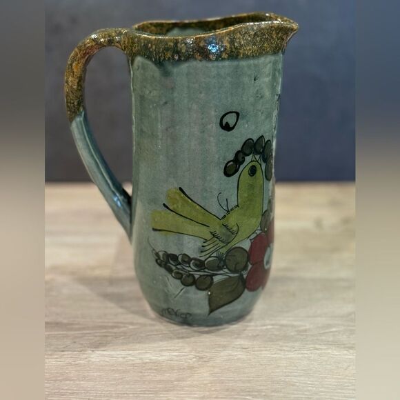 Vintage Hand Painted Mexican Pottery Pitcher Green with Birds and Flowers - Picture 1 of 9